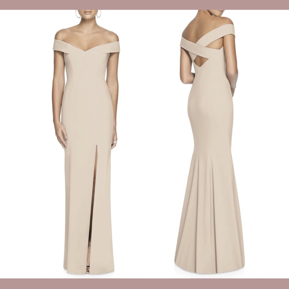 NWT $256 Dessy Collection [ 8 ] Off‎ Shoulder Crossback Gown in Cameo